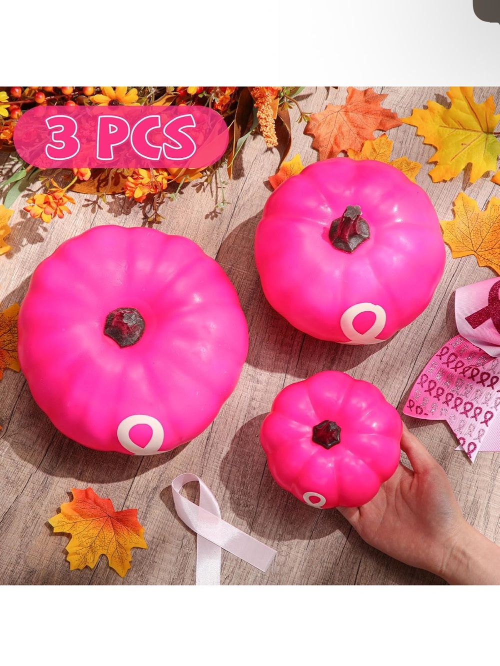 Pink Decorative Pumpkins - 3 Pack Breast Cancer Awareness Decor